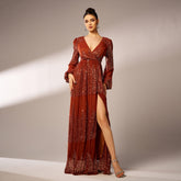 High End Long Sleeved Elegant V Neck Long Sequined Cocktail Evening Dress Bridesmaid Dress